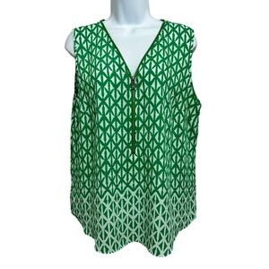 Chaus Green Zip Front Blouse Sz Large Sleeveless Top Lightweight Round Hem
